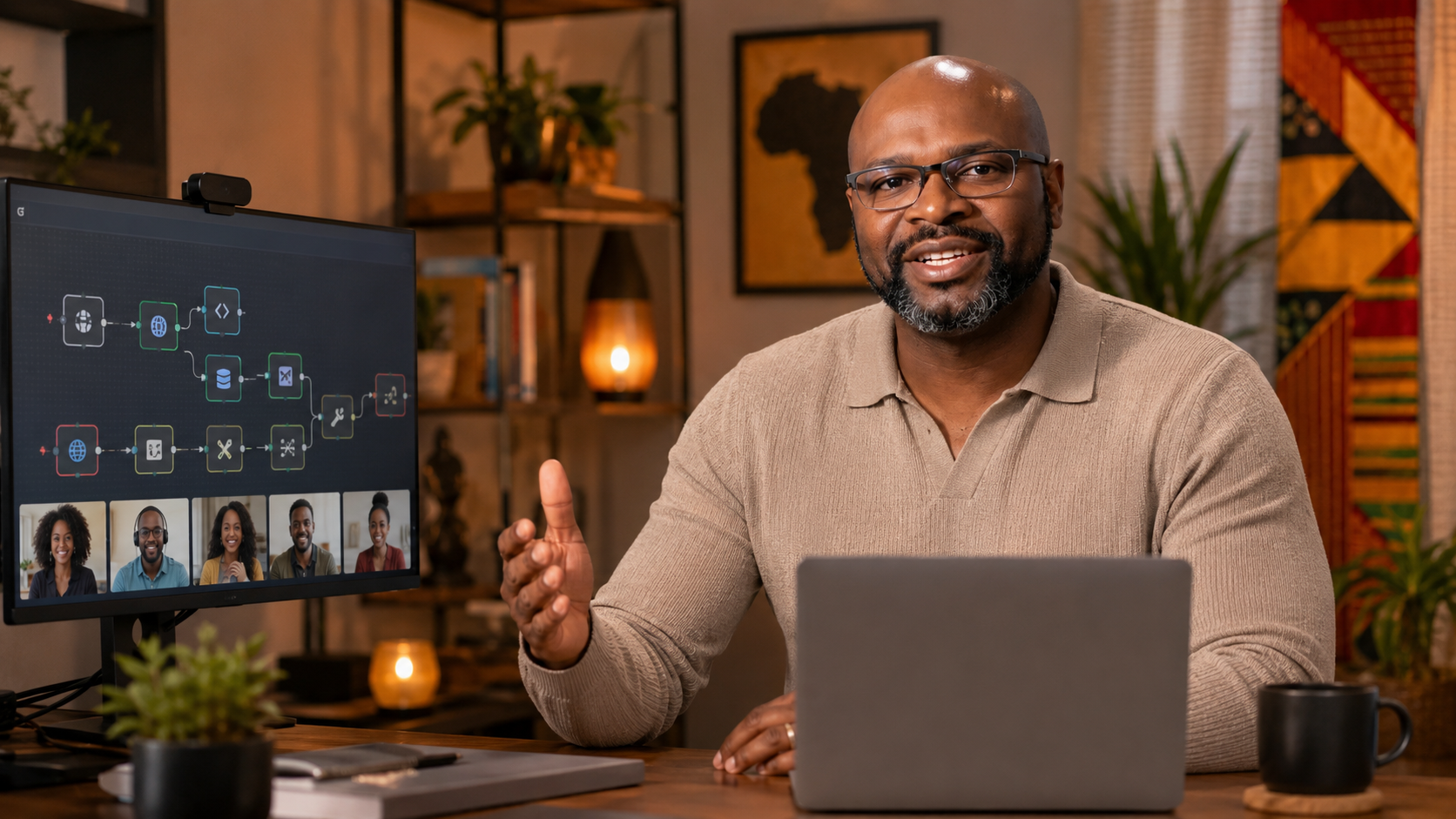 Online instructor leading learners through automation workflow portfolio work