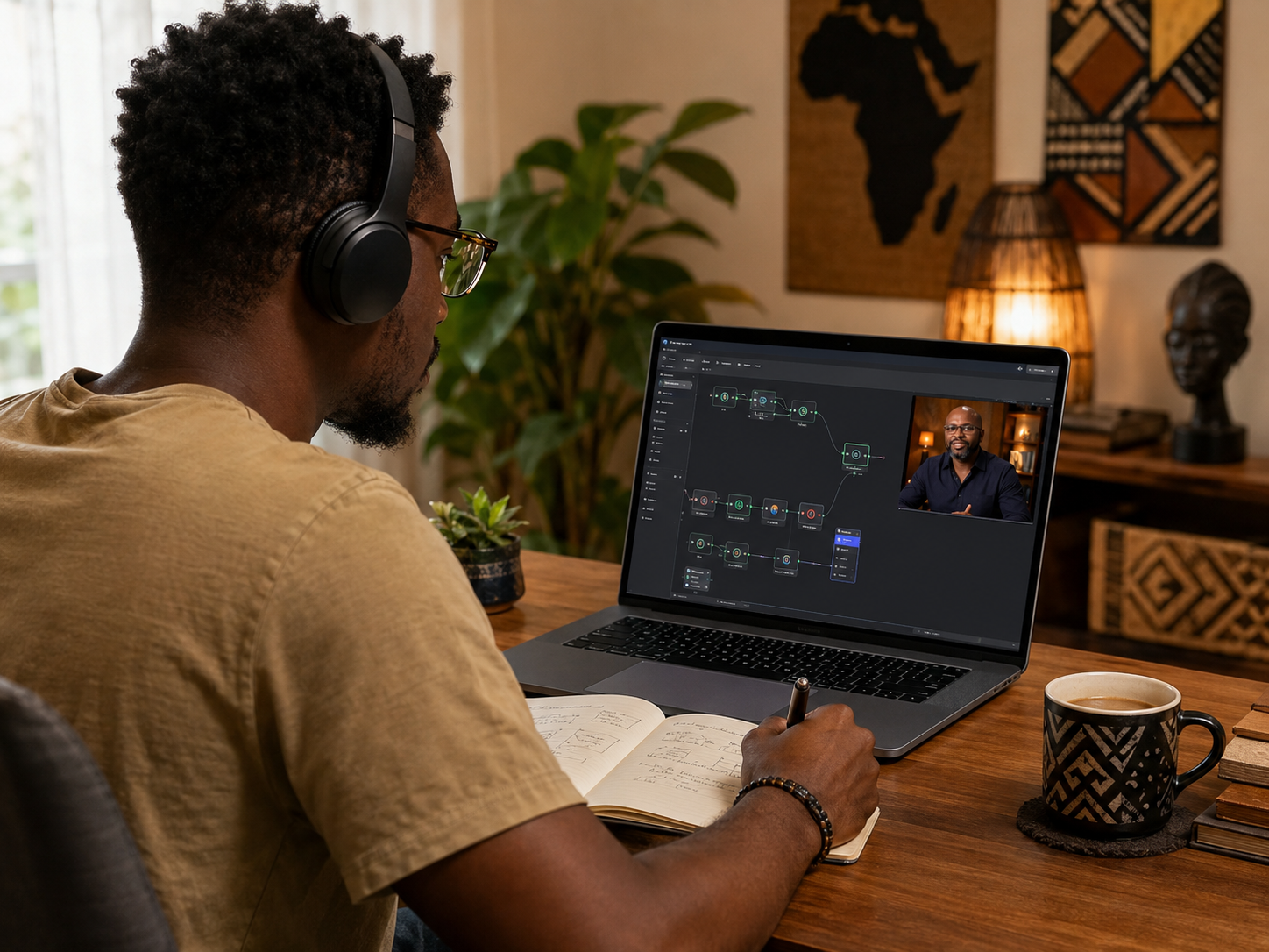Student learning n8n online from home while taking notes and building a workflow